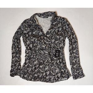 Apt. 9 Womens Small Lace Pattern Long Sleeve Top Black White Buckle Accent